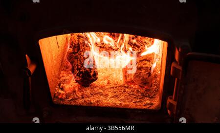 Primo piano di legna in fiamme e brace in un tradizionale forno in mattoni. Le tonalità di arancione ardente e il calore intenso mettono in risalto l'uso autentico del metodo Foto Stock