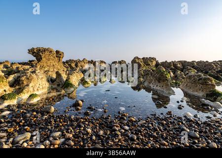 Formazioni rocciose a Peacehaven Beach sulla costa del Sussex, con riflessi nell'acqua Foto Stock