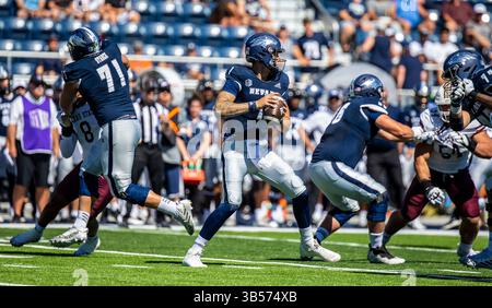 3 settembre 2022 il quarterback di Reno, NV USA Nevada Shane Illingworth (1) cerca il passaggio profondo durante la partita di football NCAA tra Texas State Bobcats e Nevada Wolf Pack. Nevada ha vinto 38-14 al Mackay Stadium di Reno, Nevada Thurman James/CSM (immagine di credito: © Thurman James/CSM tramite ZUMA Press Wire) Foto Stock