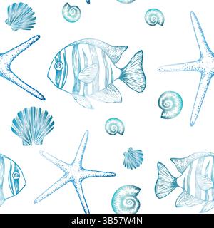 Motivo senza cuciture con pesci, perle, stelle, conchiglie bellissime. Linea dipinta a mano, grafica con clip art isolata sullo sfondo. Illustrazione sott'acqua. Per Illustrazione Vettoriale