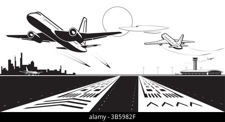 Aerei passeggeri che atterrano e decollano in aeroporto – illustrazione vettoriale Illustrazione Vettoriale