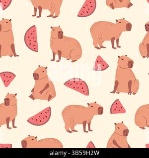 Graziosi capybaras e anguria motivo senza cuciture. Illustrazione di un cartone animato vettoriale Illustrazione Vettoriale