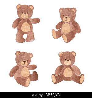 Carino set di giocattoli per orsi cartoni animati. Illustrazione vettoriale ad acquerello degli orsacchiotti Illustrazione Vettoriale