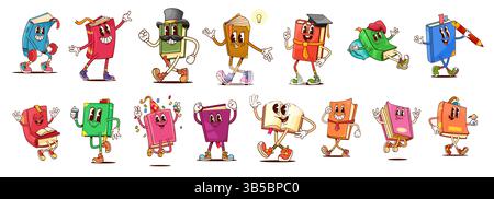 Personaggi di libri di testo e bestseller, biblioteca di scuole vettoriali e educazione per bambini. Libri psichedelici a cartoni animati con facce sorridenti. Scanalatura Illustrazione Vettoriale