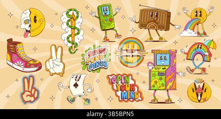 Caratteri e simboli hippie rossicci retrò. Cartoni animati sorriso psichedelico emoji, arcobaleno, funghi e cranio. Console e macchina per videogiochi Vector retro Groovy Illustrazione Vettoriale