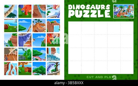 Gioco di logica puzzle con animali di dinosauro preistorici. Foglio di lavoro vettoriale del puzzle dei dinosauri con tirannosauro, styracosaurus, hypselosaurus e pla Illustrazione Vettoriale
