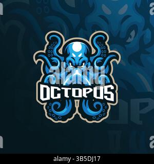 Design con logo della mascotte polpo e design moderno per la stampa di badge, emblemi e t shirt. Illustrazione di polpo blu per la squadra sportiva. Illustrazione Vettoriale