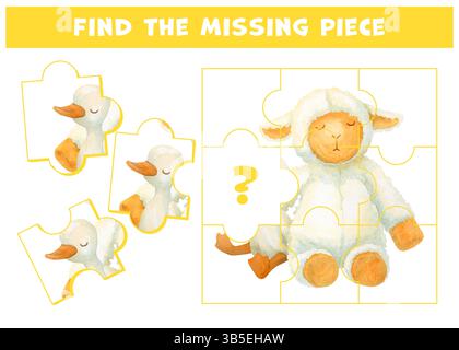 Trova il pezzo mancante del puzzle. Termina la foto con un soffice agnello e un soffice anatra o un soffice guscio. Cerca di essere attento con peluche seduti allongs Foto Stock