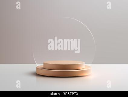 Moderno modello a podio in legno 3d con due livelli sovrapposti e un pannello circolare trasparente curvo, perfetto per l'esposizione dei prodotti, la pubblicità o lo showroo Illustrazione Vettoriale