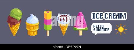 Le icone dei gelati pixel sono isolate sullo sfondo. Illustrazione vettoriale di elementi di design rétro del gioco, sole, cioccolato dolce, dessert alla frutta, bolla di discorso estiva, vecchia interfaccia utente del computer Illustrazione Vettoriale