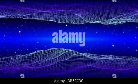 Paesaggio rétro a griglia di polietilene bassa con montagne poligonali, profili di palme e sole, illustrazione vettoriale. paesaggio sintonico in stile anni '80 con neon Illustrazione Vettoriale