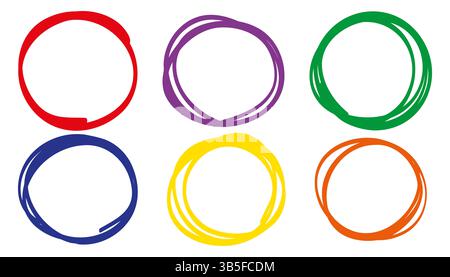 Set vettoriale di cerchi tracciati a mano con pennellate a pastello ruvide. Cornici colorate con effetto grunge: Design divertente e divertente Illustrazione Vettoriale
