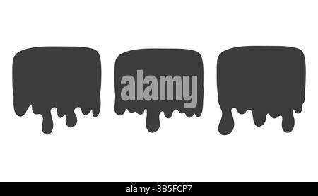 Striscioni rettangolari arrotondati neri con effetto liquido che scorre verso il basso. Gocce, schizzi e gocce simili a inchiostro, vernice o sciroppo. Illustrazione vettoriale Illustrazione Vettoriale
