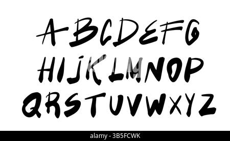 Grunge il font maiuscolo con la texture del pennello asciutto. Audaci lettere maiuscole disegnate a mano in uno stile ispirato ai graffiti. Bordi ruvidi, sporchi e angosciati Illustrazione Vettoriale