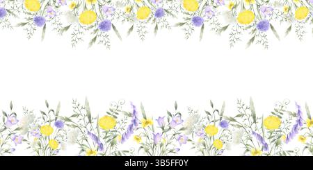 Fiori di campo, dente di leone, freccia, pisello di topo e prato. Cornice rettangolare isolata ad acquerello disegnata a mano con fiore giallo del campo lilla Foto Stock