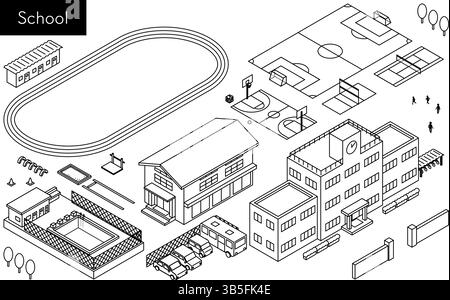 Illustrazione isometrica con semplici disegni a linee per edifici scolastici, parchi giochi e strutture sportive, illustrazione vettoriale Illustrazione Vettoriale