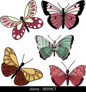 Varietà di illustrazioni colorate di farfalle con motivi sorprendenti e design unici Illustrazione Vettoriale