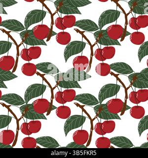 Motivo senza cuciture di ciliegie rosse con foglie verdi su sfondo bianco Illustrazione Vettoriale