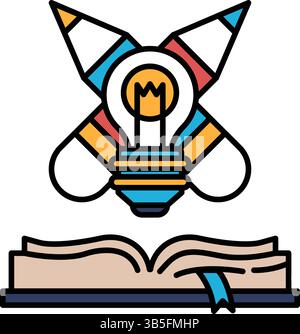 Un libro con una lampadina sopra. La lampadina è circondata da un arcobaleno Illustrazione Vettoriale