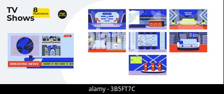 Set di spettacoli televisivi, set da studio, illustrazioni piatte, mega pacchetto Illustrazione Vettoriale