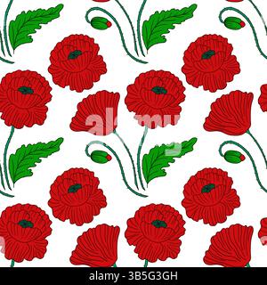 Papavero. Motivo floreale senza cuciture in stile disegno a mano. Modello per tessuti o cucine. Stampa per design, tessuti Illustrazione Vettoriale