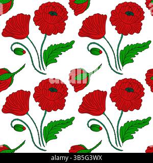 Motivo floreale senza cuciture. Modello per tessuti o cucine in stile disegno a mano. Papavero. Stampa per design, tessuti Illustrazione Vettoriale