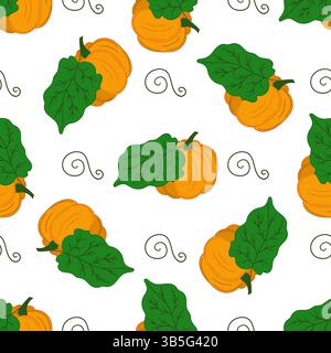 Zucca. Modello per tessuti o cucine. Fantasia vegetale senza cuciture in stile disegno a mano. Stampa per design, tessuti Illustrazione Vettoriale