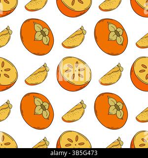 Modello per tessuti o cucine. Cachi. Motivo di frutta senza cuciture in stile disegno a mano. Stampa per design, tessuti Illustrazione Vettoriale