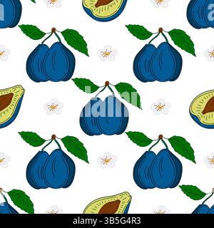 Prugna. Modello per tessuti o cucine. Motivo di frutta senza cuciture in stile disegno a mano. Stampa Illustrazione Vettoriale
