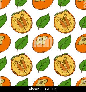 Cachi. Modello per tessuti o cucine. Motivo di frutta senza cuciture in stile disegno a mano. Stampa per tessuti Illustrazione Vettoriale