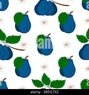 Modello per tessuti o cucine. Motivo di frutta senza cuciture in stile disegno a mano. Prugna. Stampa Illustrazione Vettoriale