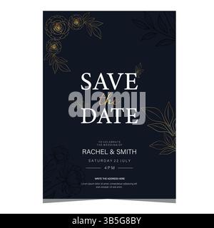 Eleganti modelli floreali "Save the Date" con fiori d'oro e pastello, perfetti per un matrimonio di lusso moderno. Illustrazione Vettoriale