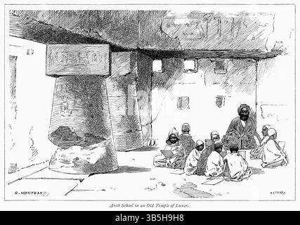 14 aprile 2022, Londra, Inghilterra, Regno Unito: Arab School in an Old Temple of Luxor, Illustration from the Book, ''From Pharaoh to Fellah'' di C.F. Moberly Bell con illustrazioni di Georges Montbard, incise da Charles Barbant, Wells Gardner, Darton, & Co., Londra, 1888 (immagine di credito: © JT Vintage/Glasshouse tramite ZUMA Press Wire) Foto Stock