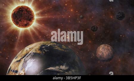 Il pianeta terra, del sole, della Luna e dei pianeti nello spazio Foto Stock
