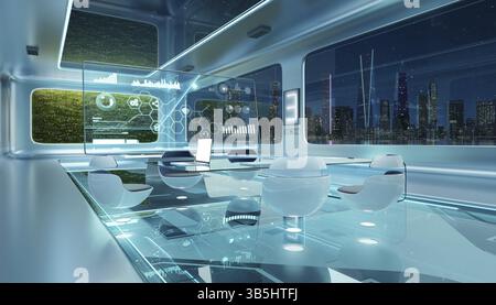 Moderno design futuristico degli interni fantascientesco con parete verde e splendida vista notturna del paesaggio urbano. 3d rendering Foto Stock