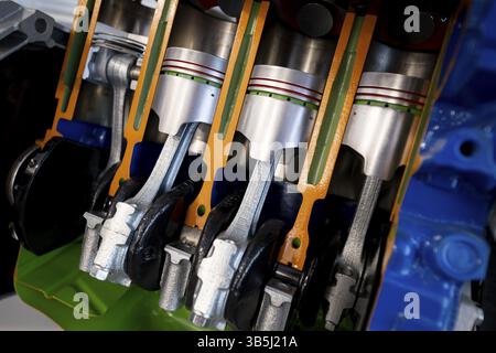 Vista panoramica del motore dell'auto. Motore a quattro cilindri a quattro pistoni in linea, tagliato a metà Foto Stock