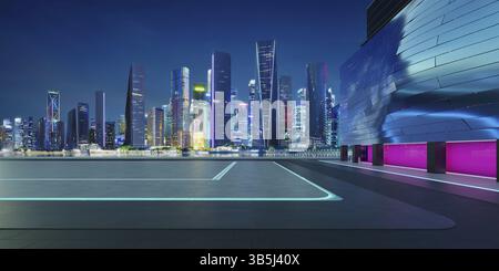 Vista prospettica del piano vuoto con un edificio moderno e un bellissimo sfondo vicino alla città. 3d rendering Foto Stock