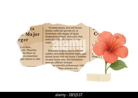 Rottami di giornali vintage con bordi strappati e illustrazioni di fiori ibiscuri, con nastro adesivo sottostante, perfetti per composizioni visive tropicali o estive. Illustrazione Vettoriale