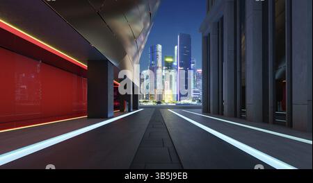 Vicolo vuoto con edifici moderni con finestre di vetro rosso e pareti con facciata in acciaio dal design a forma di rilievo. 3d rendering Foto Stock