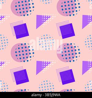 Motivo vintage pastello in stile Memphis anni '80 con cerchi, quadrati e triangoli e punteggiato su uno sfondo rosa tenue. Ideale per retrò e. Illustrazione Vettoriale