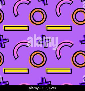 Audace motivo vintage Memphis anni '80 senza cuciture con anelli, archi, croci e rettangoli in colori vivaci su sfondo viola. Ideale per la modalità retro Illustrazione Vettoriale