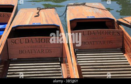 Le barche punt di Scudamore ormeggiavano sul fiume Cam, Millpond, Cambridge, Inghilterra, Regno Unito Foto Stock