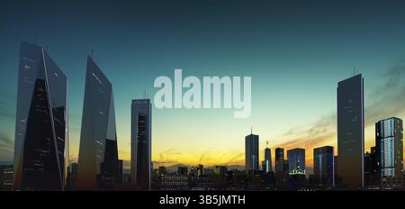 rendering in 3d dello skyline urbano moderno. Scena notturna prima dell'alba Foto Stock