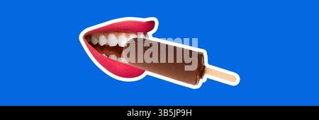 Banner. Grafica moderna composita. Labbra rosse che mordono papavero al cioccolato su sfondo blu con spazio negativo. Foto Stock