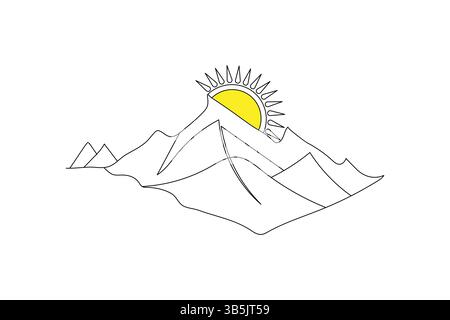 Paesaggio di montagna grafica continua su una linea di disegno vettoriale Illustrazione Vettoriale