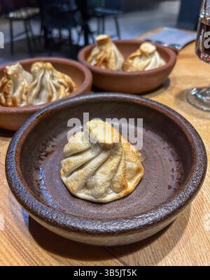 Primo piano di Khinkali fritti, tradizionali bocconcini georgiani, in Rustic Ceramic Bowls. Appetitosa cucina georgiana: Khinkali al forno servito in terracotta Foto Stock