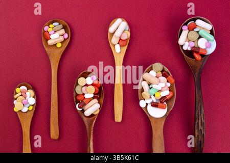 Colorate differenti pillole e capsule in cucchiai di legno. Global industria farmaceutica per miliardi di dollari all'anno. Farmaci per uso come Foto Stock