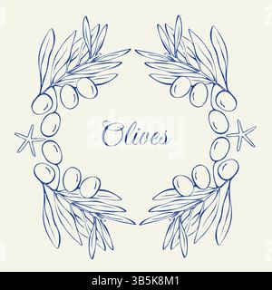 La linea di cornice delle olive disegna il Mar Mediterraneo Illustrazione Vettoriale