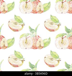 Acquerello Apple senza cuciture disegnato a mano. Illustrazione a foglie rosse gialle , verdi su sfondo bianco. Composizione di frutta autunnale per carta da parati, menu Foto Stock
