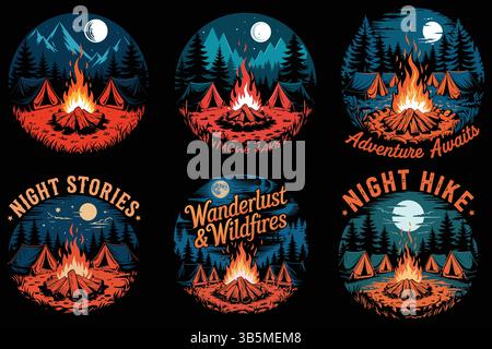 Collezione di grafica a tema campeggio per abbigliamento o merchandising Illustrazione Vettoriale